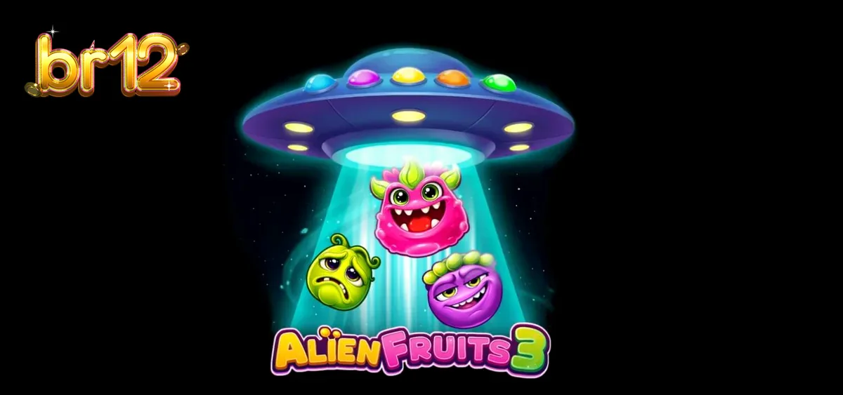 Interface do jogo Alien Fruits 3 exibida em um smartphone moderno com tema espacial.